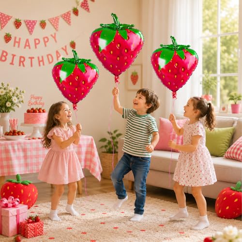 Image of Rozi Decoration Strawberry Foil Balloons Pack of 3 for Birthday Decorations, Fruit Theme Party Supplies, Strawberry Shape Foil Balloons for Kids Party, Baby Shower, Anniversary & Celebration Decor