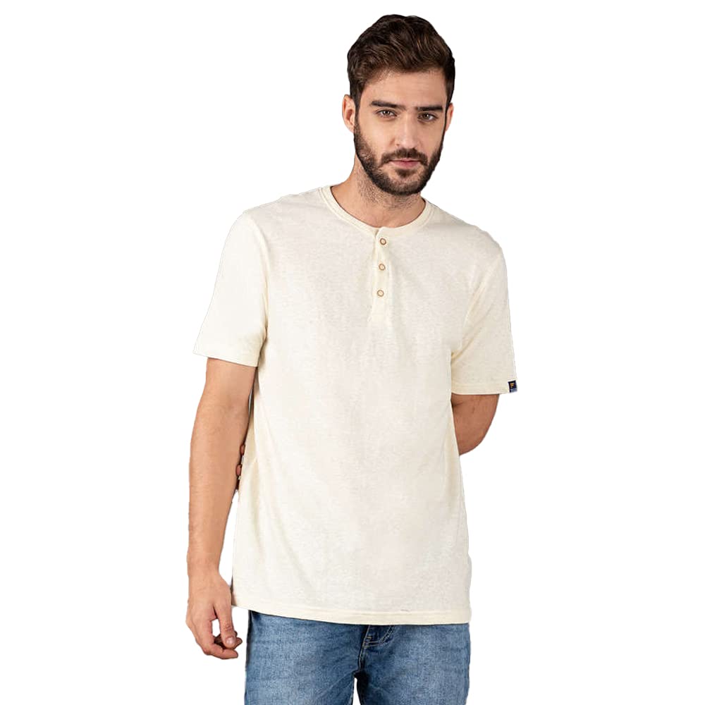 by Shoppers Stop Solid Cotton Linen Blend Regular Fit Mens T-Shirt