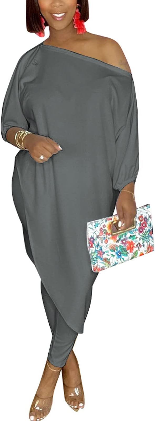 imbpceu Women's Casual 2 Piece Outfits Solid Off Shoulder 3/4 Sleeve Irregular Hem Tops Bodycon Pants Set