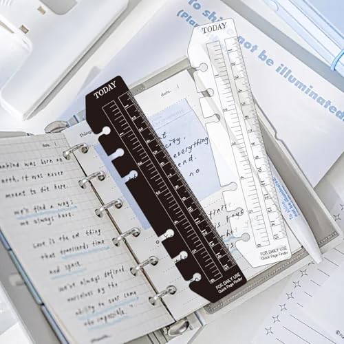 Chris.W 2Pcs Black/Clear Plastic Page Marker Pouch Pagefinder Measuring Today Ruler for A6 Size 6-Hole Binder Notebook (Black + Clear, A6)