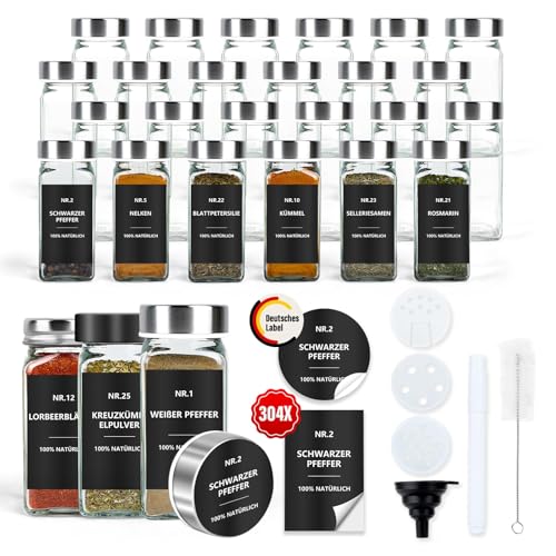 Gewürzgläser Eckig mit Etiketten Set 24er: Kleine Gewürzdosen Glas 120ml mit Streueinsatz Wasserfeste Labels - Aufbewahrung von Gewürzaufbewahrung für die Küche Schublade - Gewürzstreuer Silber
