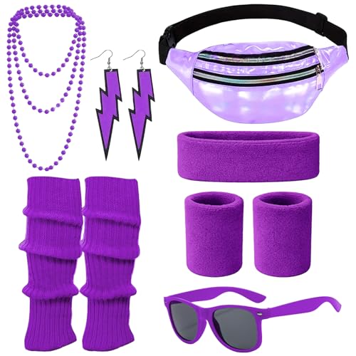 AWAVM 80s Outfit Femmes Retro Costume Vêtements Accessoires 90s Vêtements Accessoires Costume Bandeau,chauffe-jambes,boucles d'oreilles,sac à ceinture et...