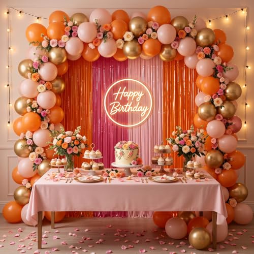 Image of TONIFUL 2Pcs Orange Pink Metallic Tinsel Foil Fringe Curtains Streamers