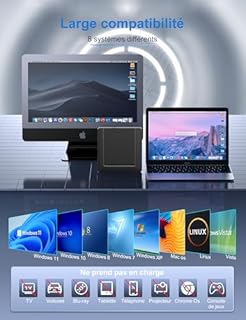 Lecteur CD/DVD Externe pour PC, Ultramince USB 3.0 et USB-C Graveur DVD Externe Optique Portable CD/DVD -/+RW Drive, Mince DVD Player Transmission Rapide Câble USB Intégrée pour Windows/MacOS/Laptop