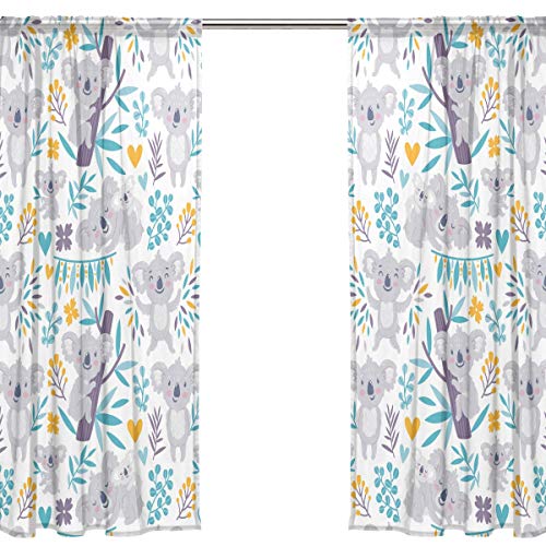 Orediy Rideaux voilages transparents à 2 panneaux Motif floral Koala Ours 40 % occultant avec tringle à rideaux pour fenêtre ou chambre à coucher, salon, Polyester, multicolore, 2* 140W x 200 H