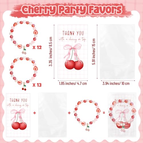 Quelay 25 Sets Cherry Bracelets Gift with Thank You Cards Bulk Bridal Shower Party Favor Cherry Themed Party Decoration for Women Bridesmaids Baby Shower Birthday Friendship Jewelry (Cute,Pink,Red)2