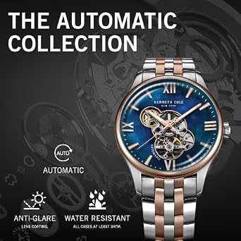 Kenneth Cole New York メンズ 自動巻き 腕時計 - スケルトンダイヤル、カーブケース、コンテンポラリースタイル, ウォームグレー - ブラウンレザーストラップ, モダン