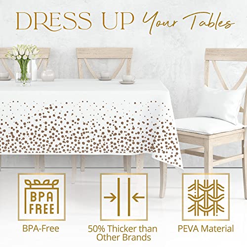 StarMar White and Gold Tablecloth Plastic for Rectangle Tables,- 4 Pack - Disposable Table Cloths for Parties, Gold Dot Confetti Rectangular Table Covers, Thanksgiving, Christmas
