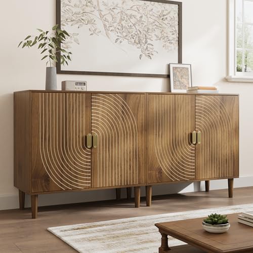 Smuxee Walnut Sideboard Cabinet, Freestanding Buffet Cabinet with Line Groove Design, Wood Storage Cabinet with Adjustable Shelf for Living Room, Entryway, Hallway - Image 4