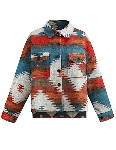 VIEWON Womens Aztec Print Shacket Jacket Western Long Sleeve Button Down Lightweight Casual Lapel Shirt Blouses Tops