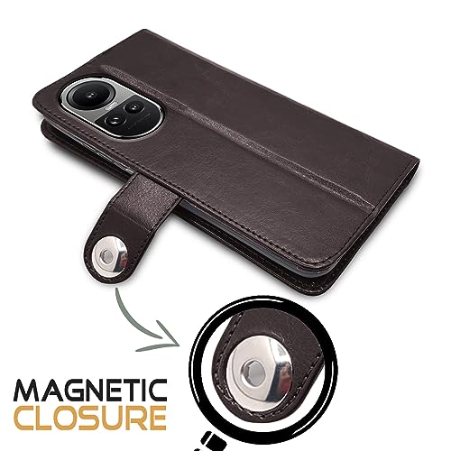 Image of Pikkme Oppo Reno 10 5G Flip Cover Leather Finish | Inside TPU with Card Pockets | Wallet Stand and Shock Proof | Complete Protection Button Flip Case (Coffee)