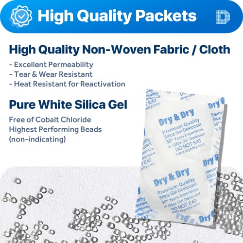 Image of Dry & Dry 100 Gram [30 Packets] Silica Gel Packets Desiccants, Silica Packets - Rechargeable Moisture Absorbers for Food Storage, Electronics, 3D Filament & Safes