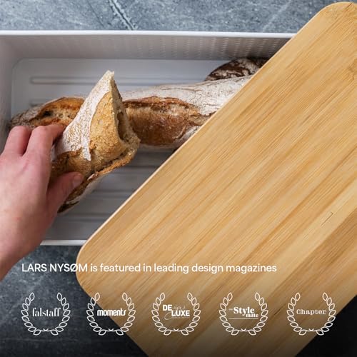 Image of LARS NYSOM Bread Box I Metal bread box for long lasting freshness with non-slip pads I Baked goods Bin with bamboo lid usable as cutting board I 13.6x7.3x6.2in (Cream Beige)