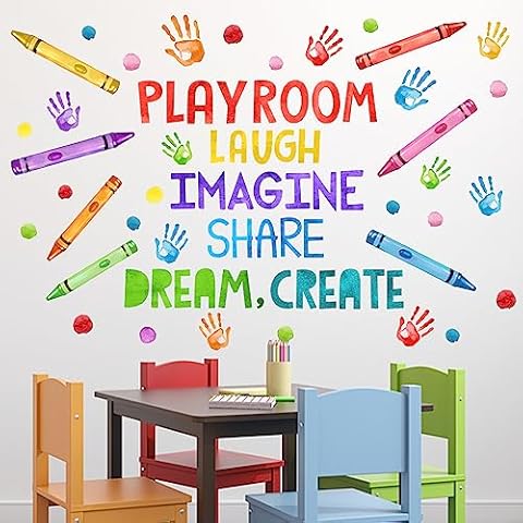 Mfault Playroom Wall Decals Stickers, Crayon Handprint Polka Dots Inspirational Quote Nursery Decorations Daycare Art, Laugh Imagine Share Dream Create Toddler Kids Room Bedroom School Classroom Decor Cover