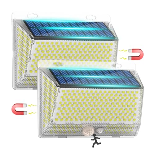 AFQLED - Lámpara solar exterior con detector de movimiento, 2 paquetes/326 LED/3 modos, ultraabrillante e instalación magnética, proyector solar exterior, IP65, detector de movimiento