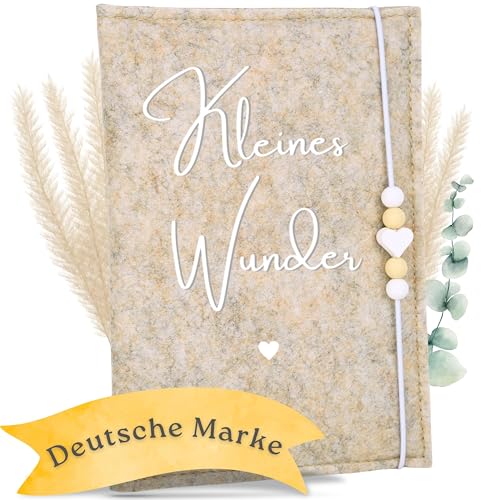 MAHEWA Premium Mutterpasshülle aus Filz für den Deutschen Mutterpass - mit Fach für Ultraschallbilder und Kärtchen und Stift - Schutzhülle (Creme-Beige Kleines Wunder)