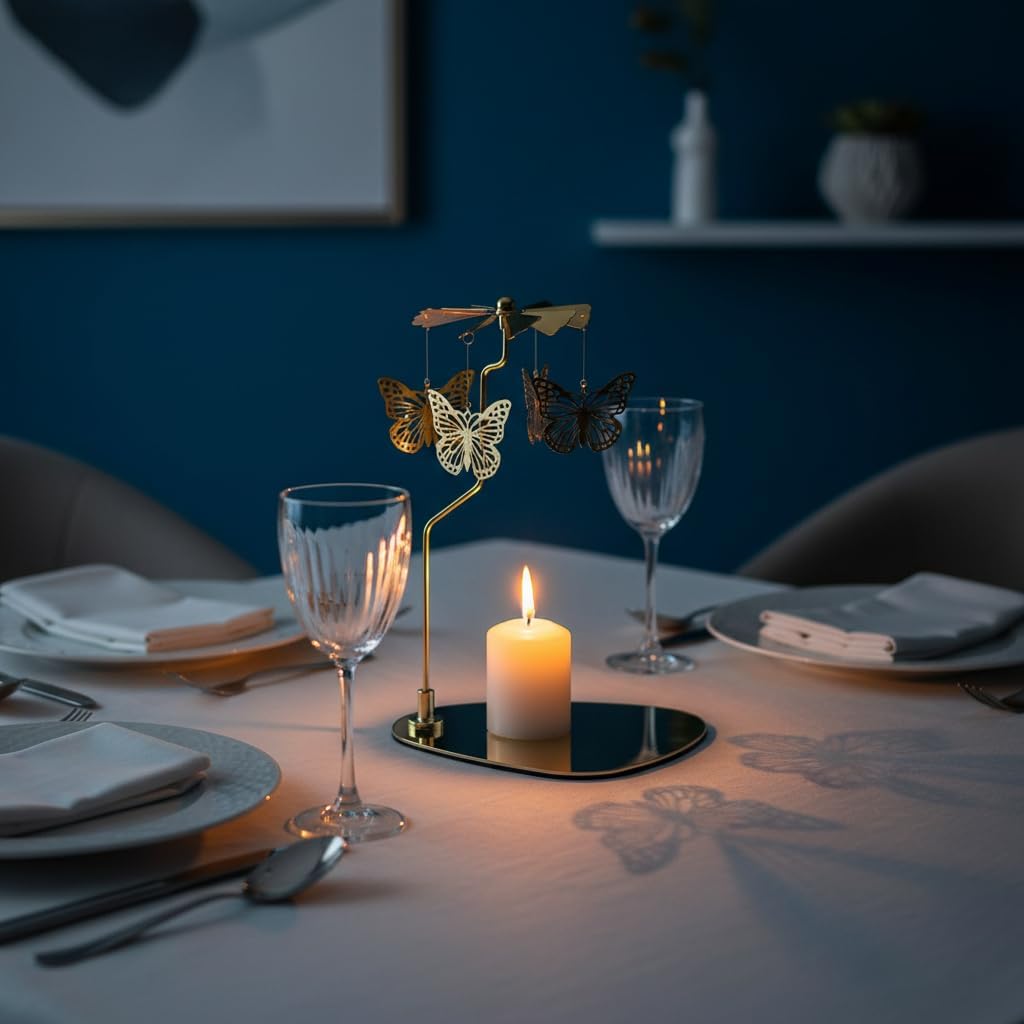 Round Triangular Tray Rotating Candlestick Scented Candle Romantic Revolving Lantern Creative Table Rotating Candle Holder, Spinning Candle Holder for Home Decoration, Party, Candlestick (Butterfly)