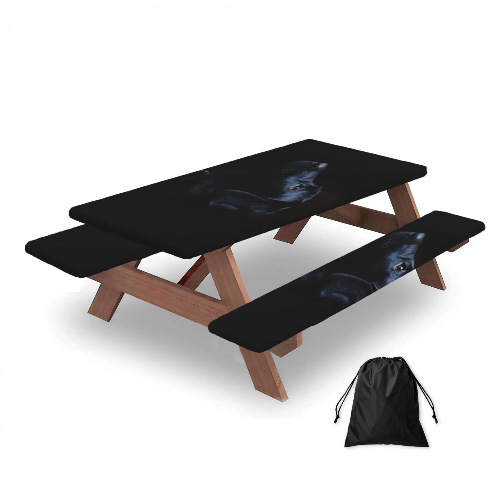 Black Labrador Dog, Picnic Table Cover With Bench Covers -Waterproof Elastic Fitted Tablecloth for Garden Camping Patio 76x152cm