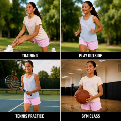 Image of PUMA Girls Active Shorts Set - 3 Piece Performance T-Shirt, Tank Top, Gym Shorts - Summer Athletic Outfit for Girls (7-14)