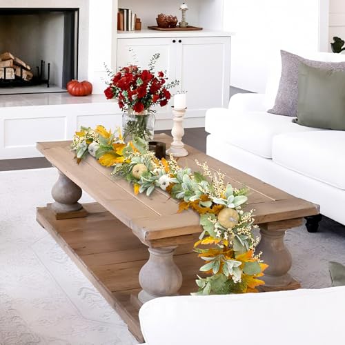 Image of Fall Mantel Garland Decor for Home - 6 Ft Autumn Leaves Table Garlands with Lights Decorations for Thanksgiving and Halloween Leaf Centerpieces for Bedroom Tables Stair Porch Outdoor Farmhouse
