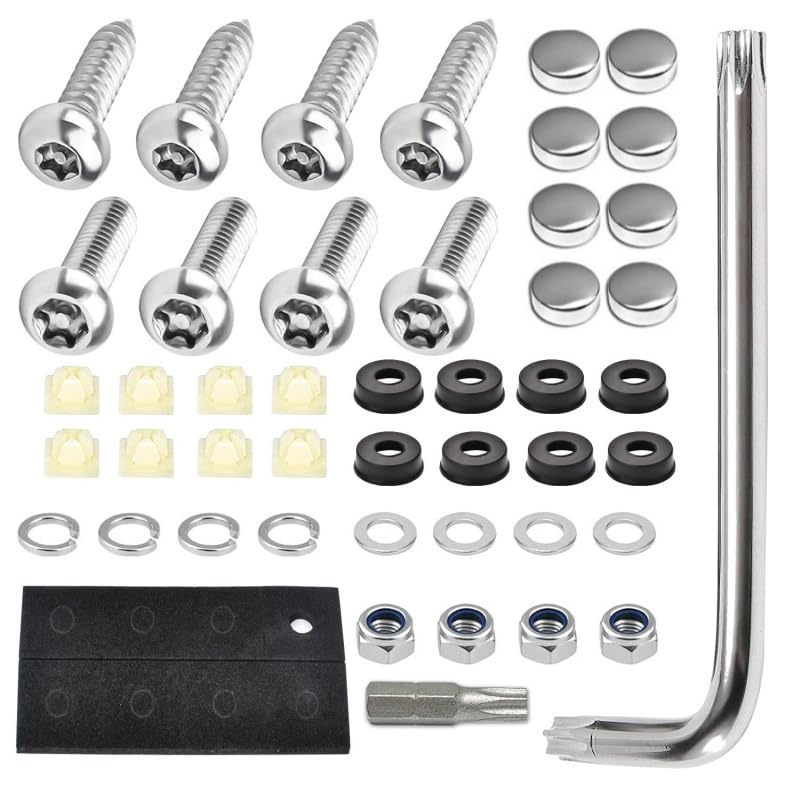Anti Theft License Plate Screws Set, Stainless Steel Bolts Fasteners Kits for Car Tag Frame, 1/4"(M6) Security Screw Set with Rust Proof,Chrome Screw Caps Cover, Tamper Resistant Mounting Hardware