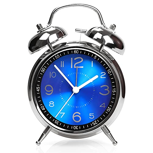 Image of AYRELY Super Loud Alarm Clock for Heavy Sleepers Adults,Twin Bell Retro 4 Inch Silent Non-Ticking Quartz with Backlight, Metal dial, Alarm Clocks for Bedrooms Bedside (Blue)