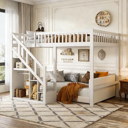 DULRLLY Lit Double Mezzanine 140x200 cm, Lit Superposé Enfant avec Escaliers de Rangement et Barrière de Sécurité, Sommier à Lattes en Bois, Lit Hauteur...