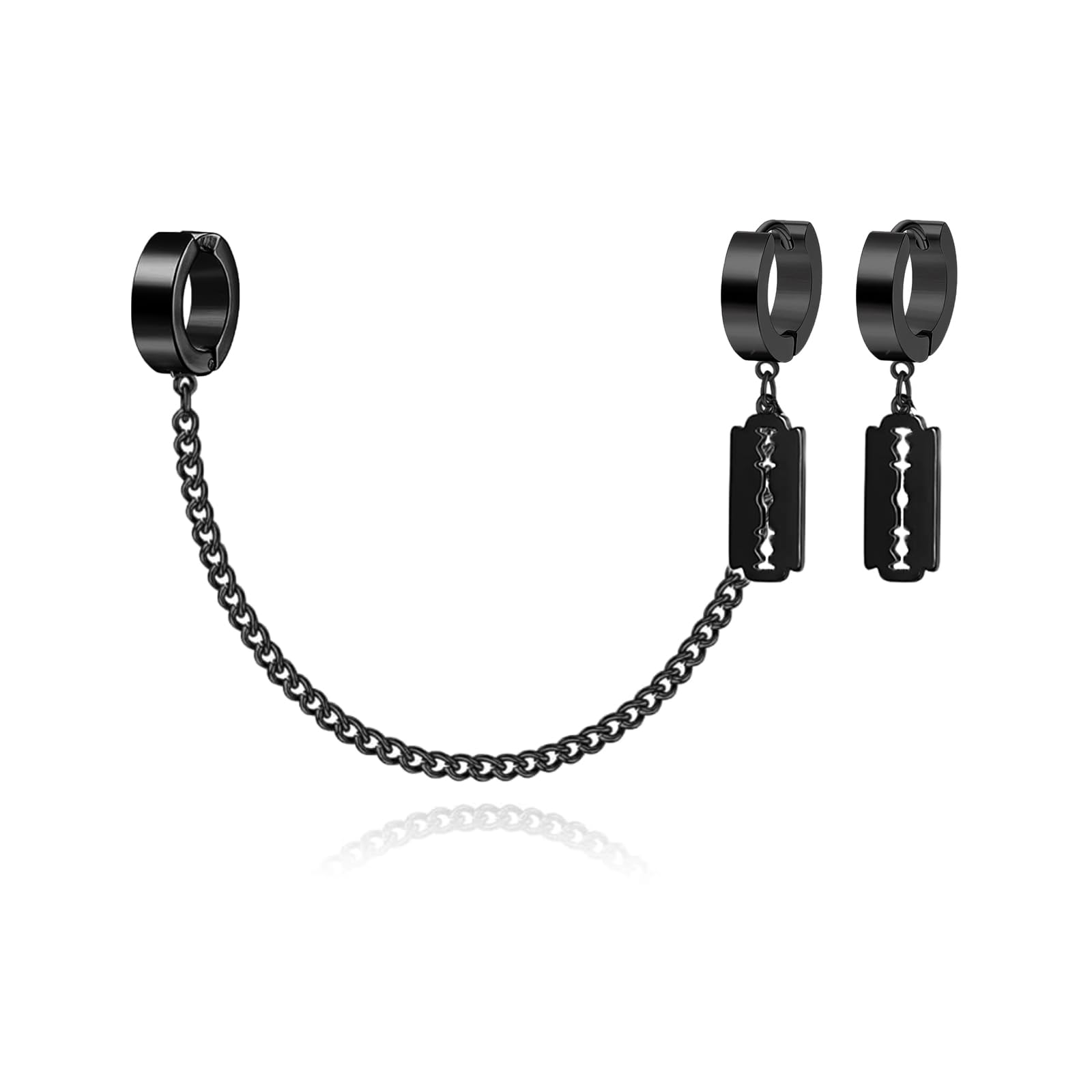 Unisex Gothic Kpop Emo Black Stainless Steel Feather Circle Ring Spike Tassel Chain Dangle Drop Earrings Piercing Jewelry Huggie Hoop Earring Gift for