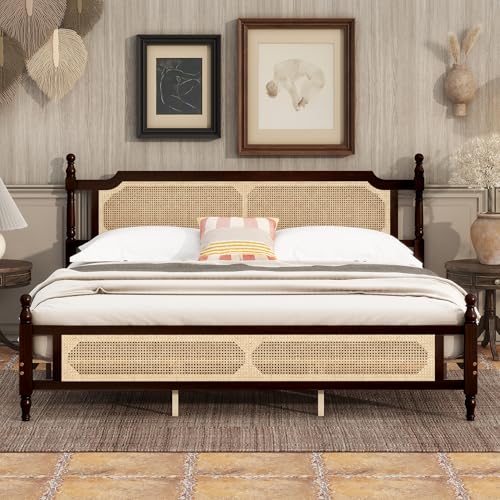 Christopher Knight Home Lucill King Size Bed Frame with Rattan Headboard Footboard, Pine Wood Platform Bed, Enhanced Support Feet, Vintage Design, Underbed Storage, Easy Assembly,Espresso Brown by Christopher Knight Home - Used condition - US$220.96