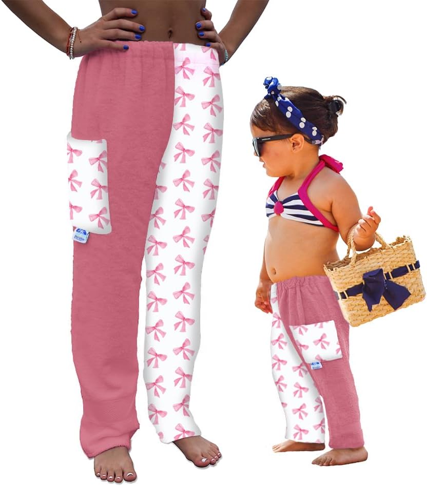 Towel Pants for Swimmers – Pink Bows - Cotton Terry Towel Pants – Beach Coverup – Resort Wear – Swim wear