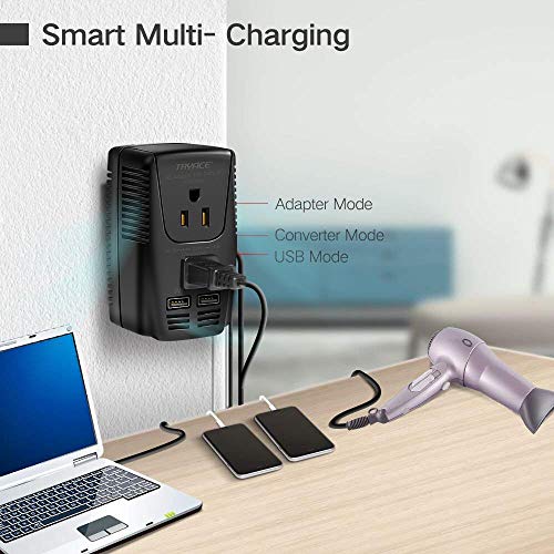 Upgraded 2000W 220V to 110V Voltage Converter Step Down Voltage for Hair Dryer,Straightener,Curling Iron,Cell Phone Power Converter with 2-Port USB and UK/AU/US/EU 10A Plug Adapter (Black-Write) - Thumbnail 3