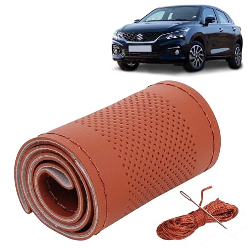 Image of KINGSWAY PU Leatherite Car Steering Cover Sewable Compatible with Maruti Suzuki Baleno (Year 2022 Onwards), Tan Color with Tan Thread, Pack of 1 with Sewing Needle and Thread