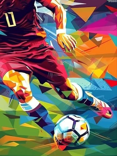 IPISSOI 5D Diamond Painting Kits Abstract Soccer Player Playing Football Diamond Art Kits for Adults DIY Sports Round Full Drill Paintings with Diamonds Gem Art for Adults Home Wall Decor 12x16 inch