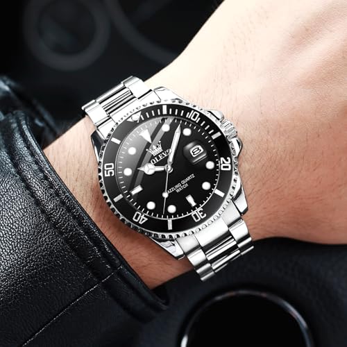 Image of OLEVS Men's Stainless Steel Watches, Large Face Casual Three Hands Analog Quartz Watch, Easy to Read Rotating Bezel Date Waterproof Luminous Dress Watches for Men