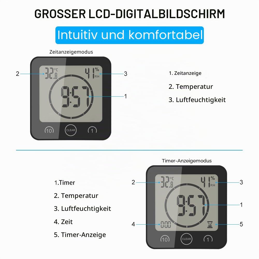 Digitale Duschuhr, LCD, wasserdicht, Digitale Uhr für Badezimmer, mit Saugnapf, Alarm, Luftfeuchtigkeit, Countdown für Dusche, Küche