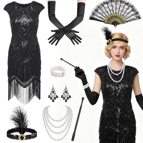 ZeiLaBang Kakadi 20er Jahre Kostüm Damen,Charleston Kleid 20er Jahre,Gatsby Kleid Damen für Faschingskostüme Casino Outfit Karneval Retro Party...