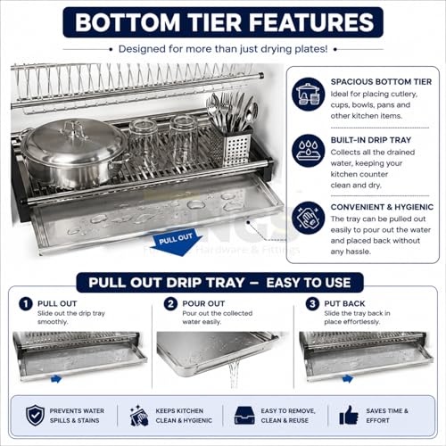 Image of KINGS Stainless Steel 2 Tier Dish Rack & Drainer | Strong, Rust Proof Utensil Stand with Drip Tray Pullout for Quick Drying | Suitable for Cabinet Internal Width 73.5cm to 77cm