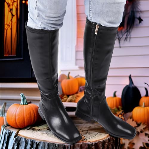 Image of GENSHUO Knee High Boots for Women Comfy Flat Heel Vintage Square Toe Fall Winter Solid Side Zipper Costume Knight Booties