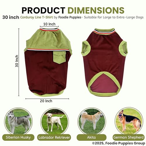 Image of Foodie Puppies Corduroy Line Velvet Pocket T-Shirt Warm Sweater Jacket - (30 inch, Olive & Maroon) for Xtra Large Size Dogs | Soft, Lightweight Pet Apparel | Stylish, Comfortable, Durable, Stretchable