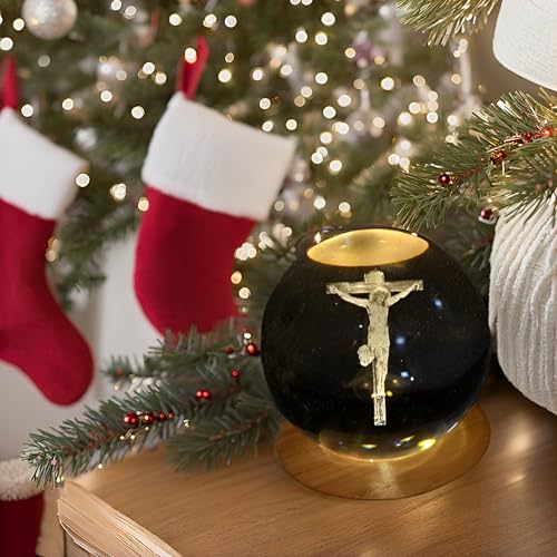 Image of 3D Crystal Ball Night Light with Wooden Base, Aesthetic Clear LED Lamp for Home and Bedroom Touch Switch, Warm Light for Kids and Teens Perfect Birthday & Anniversary (Crucifixion Jesus)