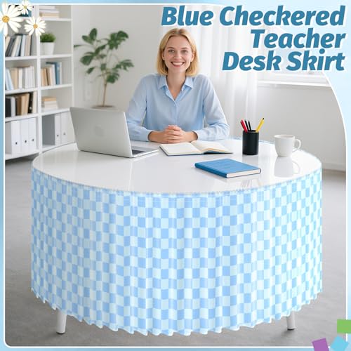 Image of 9FT Blue Checkered Table Skirt Ruffle Colorful Teacher Desk Skirts for Classroom Decorations Rectangle Table Cover Skirt for Back to School Party Supplies Kindergarten Office Dorm Bookcase Cabinet