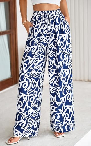 Image of PRETTYGARDEN Womens Pants Elastic Waist Floral Lightweight Palazzo Pants for Women Casual Lounge Wide Leg Pants Woman