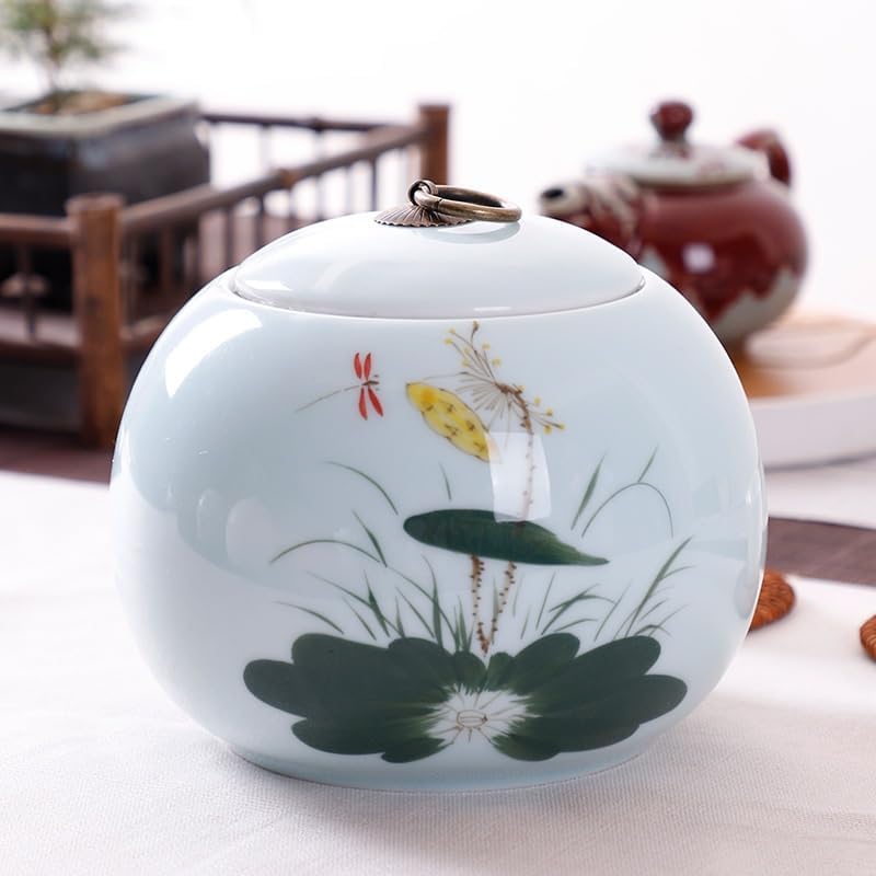 SONGCHAO Sugar Jar Hand-Painted Celadon Tea Jar, Ceramic Sealed Jar, Ceramic Candy Jar, Chinese Grain Storage Jar Tea Canister (Color : A)