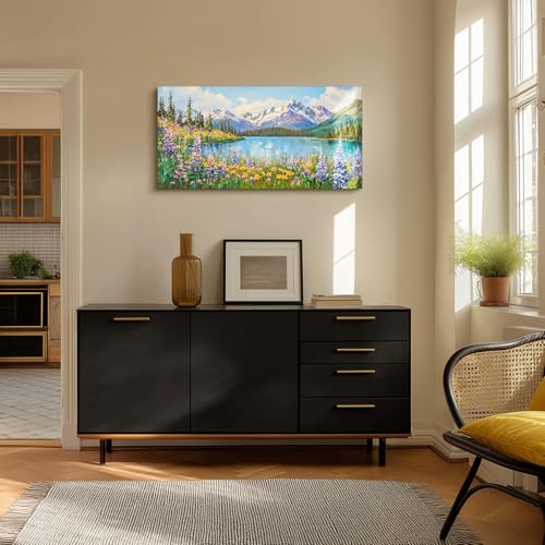 crmotu Colorful Wildflowers Large Wall Art, Lakeside Mountain Forest Landscape Paintings, Nature Wilderness Canvas Prints, Rustic Charm Pictures Wall Decor Living Room Bedroom Farmhouse 20x40 Inch