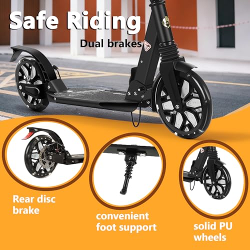 Image of Kick Scooter for Ages 13+, Teens and Adults. Led Light Up Wheels, 4 Levels Adjustable Handlebar, Dual Brakes, Anti-Slip Pedal, Foldable 8in Big Wheels for Kids (300lbs)