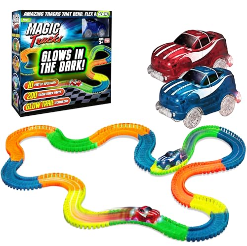 Ontel Magic Tracks 10 Foot Glow In The Dark Bendable Flexible Racetrack with LED Light-Up Race Car, Educational Playset Birthday Gift for Ages 3+