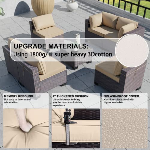 Kullavik Patio Furniture 7 Pieces Outdoor Sectional PE Rattan Sofa Set Brown Manual Wicker Patio Conversation Set with 6 Sand Seat Cushions and 1 Tempered Glass Tea Table