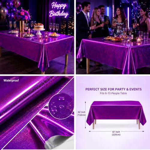 Image of OHOME 2 Pack Laser Pink and Purple Tablecloth - Birthday Party Decorations | Purple Party Decor for K-Style Demon Music Theme Birthday | Iridescent Party Decorations for Bridal Wedding Halloween