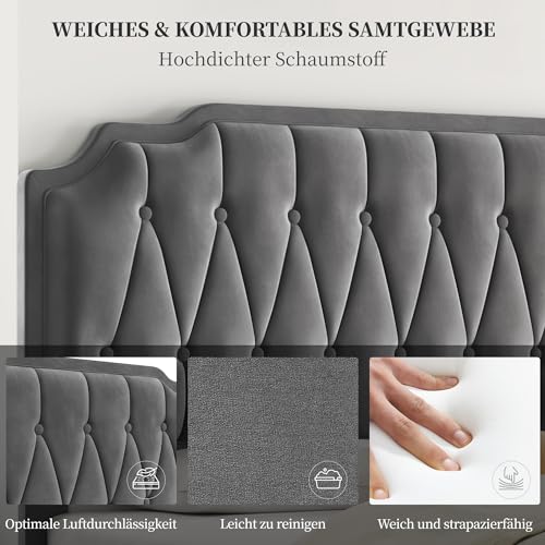 Yaheetech Polsterbett Doppelbett 140 × 200 cm Stoffbett Jugendbett Gepolstertes Bett mit höhenverstellbarem Kopfteil Bettrahmen mit Lattenrost, Dunkelgrau