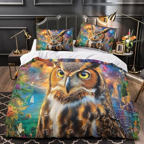 Housse de couette hibou 3 pièces 260x220cm en microfibre super douce